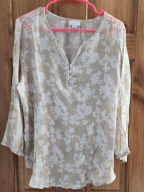 Light Beige Floral Split-Neck Women's Top